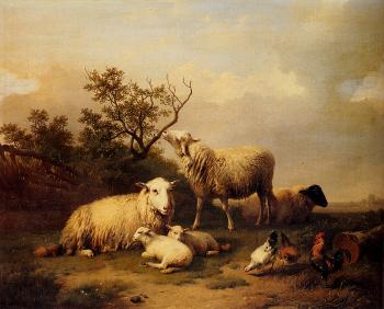 Eugene Joseph Verboeckhoven : Sheep With Resting Lambs And Poultry In A Landscape